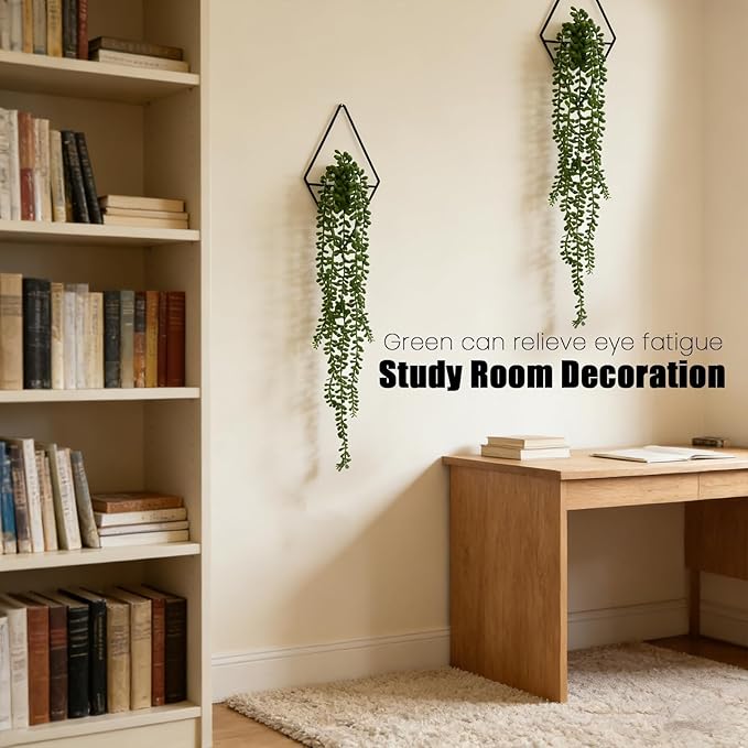 GREENTIME 2 Pack Fake Succulent Plants Hanging Artificial Ivy Vine with Black Diamond Metal Hanging Vase Faux String of Pearls for Teacher Appreciation Living Room Bedroom Boho Kitche Wall Shelf