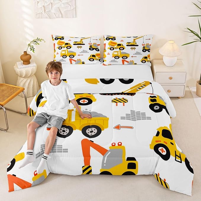Feelyou Cartoon Car Comforter Set Kids Construction Comforter for Boys Equipment Trucks Bedding Set Breathable Cartoon Yellow Car Excavator Tractor Duvet Set Room Decor Quilt Set Full Size
