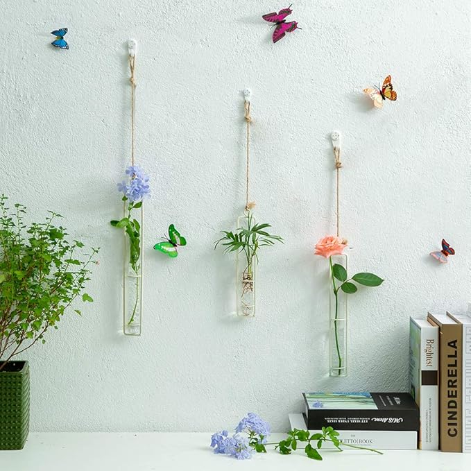 Sziqiqi Hanging Clear Glass Propagation Station Tube Vases for Cuttings, Buds, Greenery Hydroponic Plant Propagation Home Balcony Bath Wall Decoration Floral Container Set of 3 Ivory