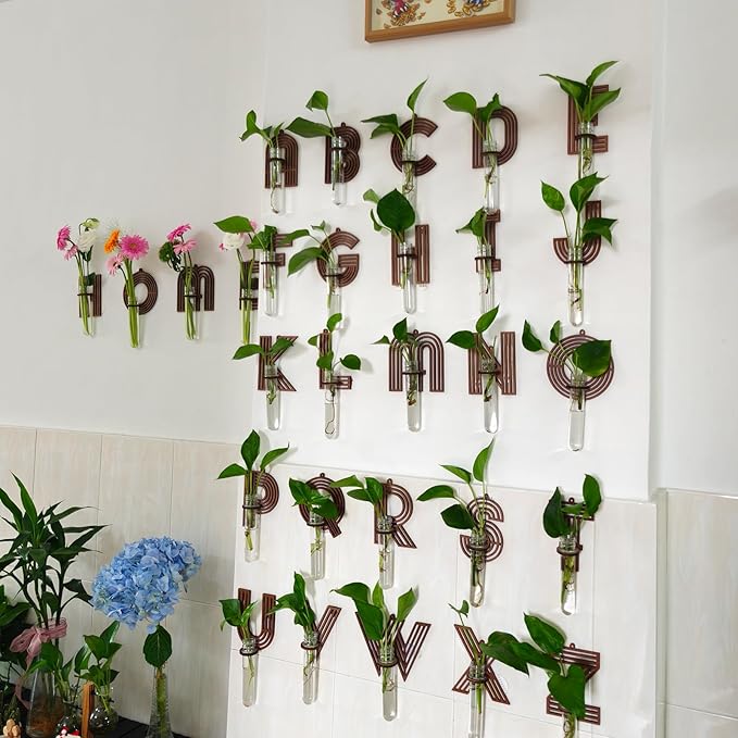 5 Sets Letter Wall Propagation Planters Test Tubes Wall Decor for Hanging Plants Clear Water Plant Vase Brown Wood Upletter Alphabet Functional Art Boho Trust Pack