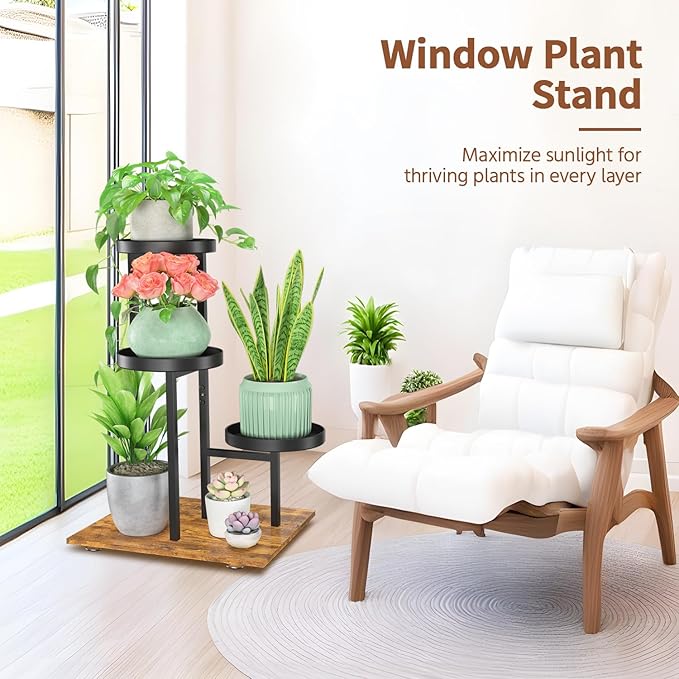 LASZOLA Black 3 Tier Plant Stand Indoor Heavy Duty Rack for Modern House Planter, Metal and Wooden Vertical Organizer Decor Narrow Bathroom Floor, Sturdy Multi Level Flower Holder Raised, Cat Proof