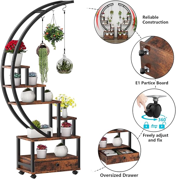 2 Pcs 6 Tier Tall Metal Indoor Plant Stand with Detachable Wheels,Half-Moon-Shaped Plant Shelf Holder with Drawer,Multi-Purpose Plant Stands for Home Decor,Balcony,Patio,Garden,Rustic Brown
