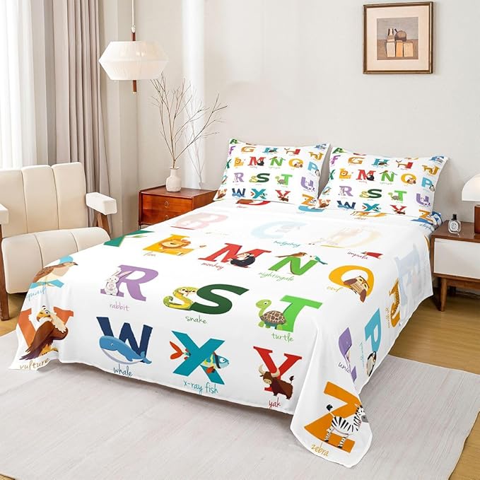 Feelyou Unicorn Bedding Set for Girls Boys Kids Sheet Set Cartoon Giraffe Koala Sheets Set Decorative Cute Animal Alphabet Bed Sheet Set Toddler Flamingo Penguin Sheets Twin Size 3Pcs