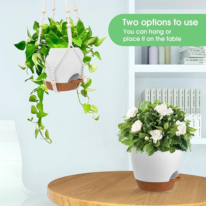 Vanslogreen Hanging Planters for Indoor Outdoor Plants, 2 Pack Self Watering Hanging Pots, Hanging Plant Baskets with Drainage Holes & 2 Types of Plant Hangers (Green, 6'')