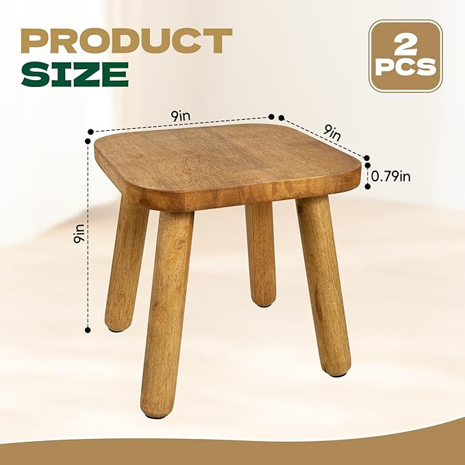 YEXEXINM 2 Pack Small Wooden Step Stools 9 Inch, Non-Slip One Step Stool Holds 300 lbs, Sturdy Bathroom Stool Plant Stand Square Footstool for Bedroom, Bathroom, Nursery, Easy Assembly