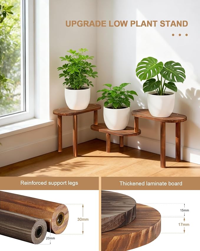 Concave Wooden Plant Shelf Indoor, 3 Tiers Deformable Oval Plant Stand, Heavy Duty Long Flower Pot Stand for Multiple Plants, Low Plant Holder for Patio Balcony Living Room Office