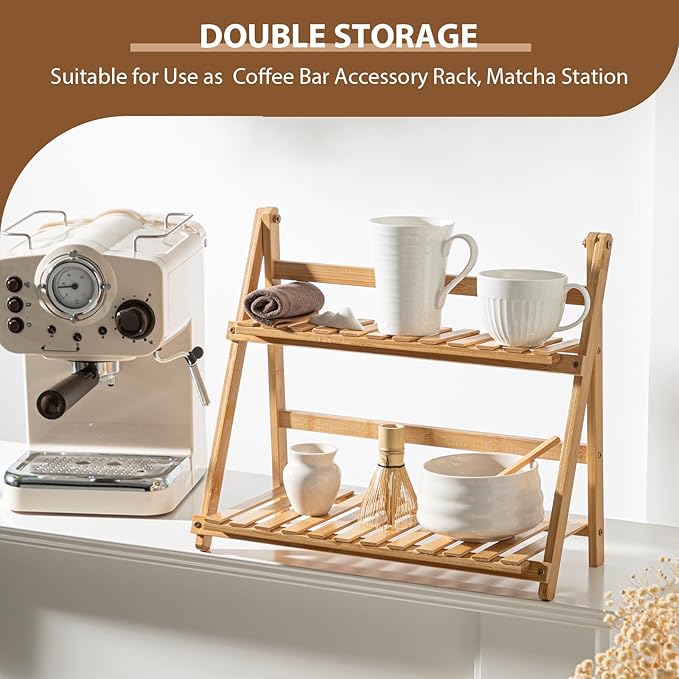 Yalikop Matcha Station Shelf,15.7'' Coffee Station Organizer, 2 Tiers Bamboo Mug Holder Countertop,Desktop Flower Pot Rack for Home Living Room Window Sill Foldable Display Storage Shelf(Wood)