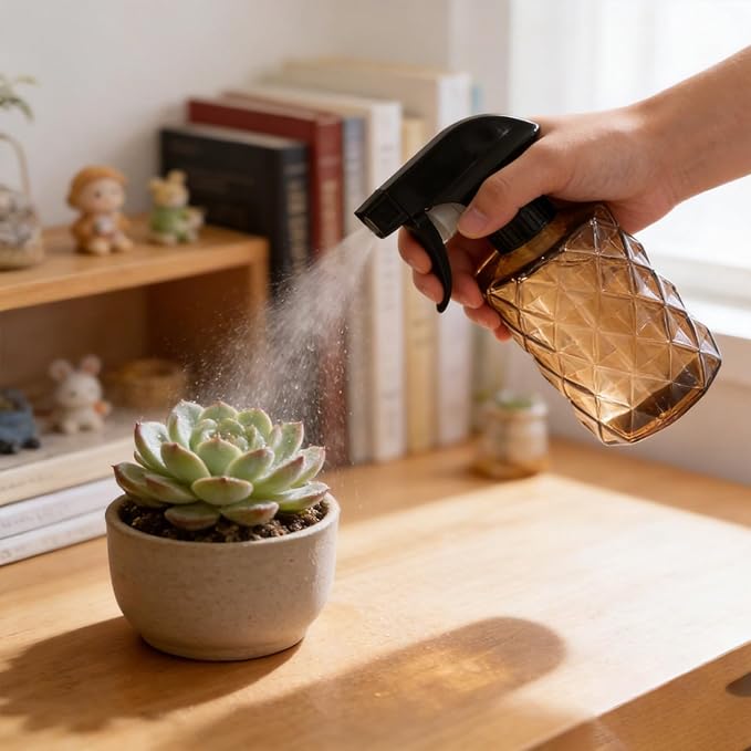 Glass Plant Mister Bottle, 12oz Handheld Refillable Leak Proof Water Spray Bottle, Brown Watering Can with Adjustable Nozzle for Indoor Plants, Spring Gardening,Cleaning, Hair, Pets Care