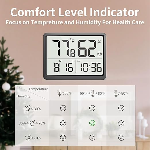 DOOMAY Digital Room Thermometer and Humidity Monitor with Calibration,High Accuracy Sensor Indoor Hygrometer with Date & Clock Desktop Magnet Sticky for Baby Room Greenhouse Guitar(Black)