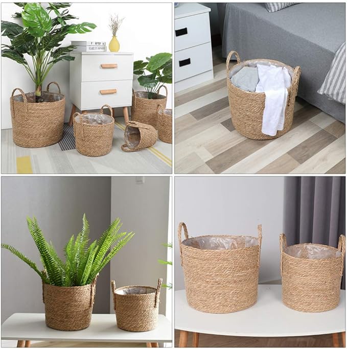 Cabilock Picnic Basket Seagrass Planter Basket Flower Pot Cover Straw Weaving Plant Container Vase Wicker Trash Can Garbage Bin Rattan Storage Organizer Bin Laundry Hamper Plant Pots