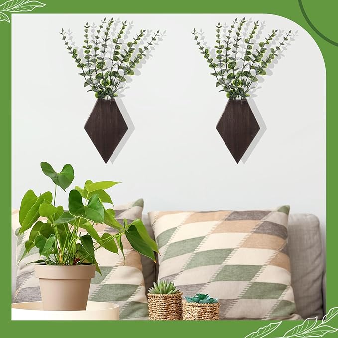 Chunful 2 Pcs Wooden Wall Planter Decor Hanging Fake Plants Greenery Flowers Holder Vase Boxes for Wall Bohemian Farmhouse Room Kitchen Office Indoor Decoration(Brown,7.1 x 4.7 x 1.2 Inches)