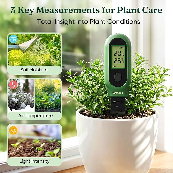 Grenebo 3-in-1 Soil Moisture Meter, Digital Plant Water Meter, Temperature & Sunlight Intensity Sensor, LCD Display Soil Tester for Gardening, Farming, Plant Care, Indoor & Outdoor Plants（Green）