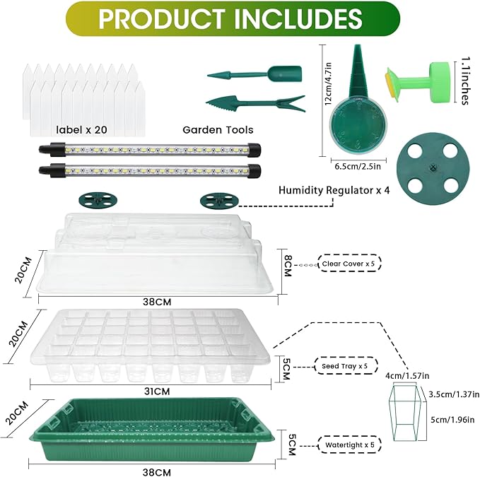 MQUPIN 80-Cell Seed Starter Tray with Grow Light, 2-Pack Adjustable Brightness Seed Starter Kit with Humidity Dome,Smart Timer,Watering Sprayer,Seeder,Plant Germination Kit for Seeds Growing