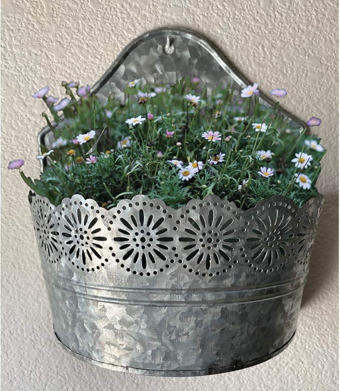 Lily's Home Indoor Outdoor Wall Mounted Planter with Floral Accents for Succulents, Cacti, Herbs, Faux Plants, Galvanized Metal. Plants Not Included