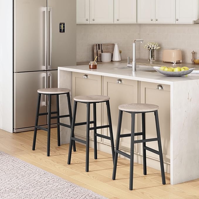 MAHANCRIS Bar Stools, Set of 2 Round Bar Chairs with Footrest, 24.4 Inch Kitchen Breakfast Bar Chairs, Industrial Bar Stools, Easy Assembly, for Dining Room, Kitchen, Greige BAHG0201Z