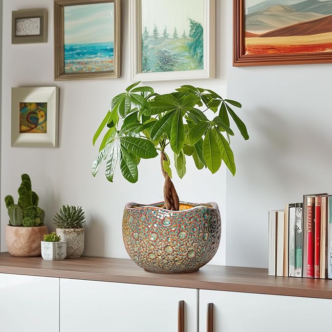8 Inch Plant Pot - Ceramic Planter for Indoor Outdoor Plants, Unique Pots for Plants with Drainage Hole and Plug, Round Planter, Garden Decor, Gifts for Plant Lovers, Speckled-Brown