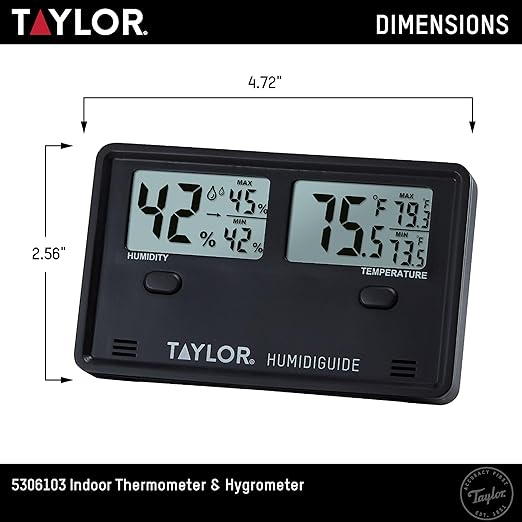 Taylor Wireless Digital Indoor Outdoor Thermometer and Hygrometer, Dual Display for Temperature and Humidity, Easy-to-Read for Home, Office, Greenhouse, Nursery, and Indoor Areas, Min/Max Black