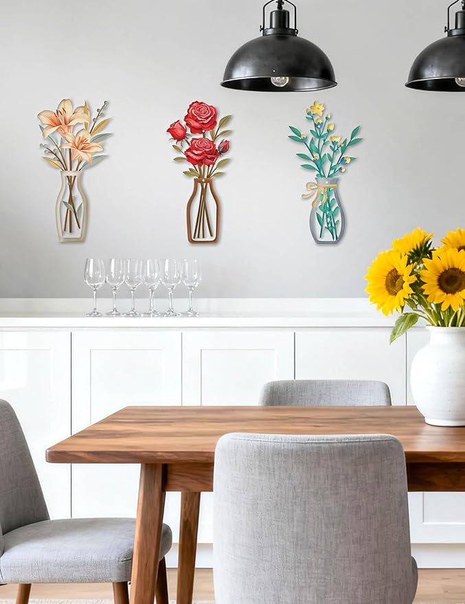 AXHoustake 3 Piece Metal Flower Wall Decor Set - DIY Rustic Colorful Floral Wall Art for Bathroom, Kitchen, Living Room, Bedroom - Farmhouse Metal Wall Art with Lily, Rose, Daisy - Housewarming Gift