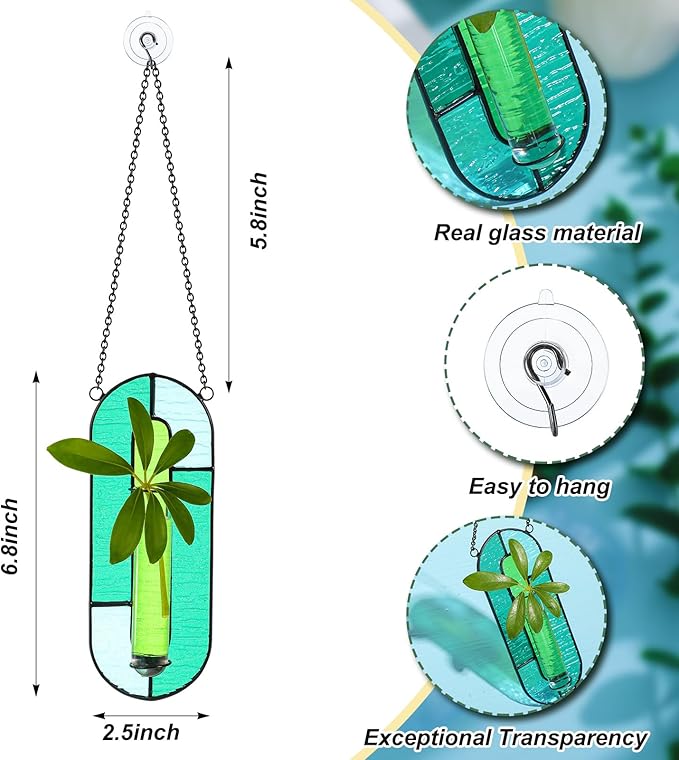 2 Sets Stained Glass Window Hanging Propagation Window Propagation Stations Planters with Glass Tubes and Chain Terrarium Wall Plant Holder Decor for Living Room