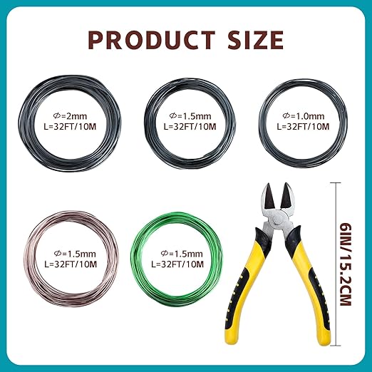 5 Roll Bonsai Wires, Anodized Aluminum Bonsai Training Wire with Wire Cutter, 3 Colors and 3 Sizes (1mm, 1.5mm, 2mm), Total 160 Feet, Aluminum Wires for Indoor Garden Small Trunks DIY Tools