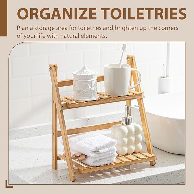 Yalikop Matcha Station Shelf, 11.8'' Coffee Station Organizer, 2 Tiers Bamboo Mug Holder Countertop, Desktop Flower Pot Rack for Home Living Room Window Sill Foldable Display Storage Shelf(Wood)