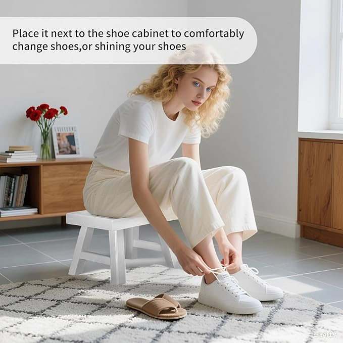 Solid Wood Step Stool for Kids & Toddlers - 11" x 7" x 7.1" Small Wooden Footstool for Bathroom Sink, Kitchen & Office - Sturdy Non-Toxic Decorative Stool - White