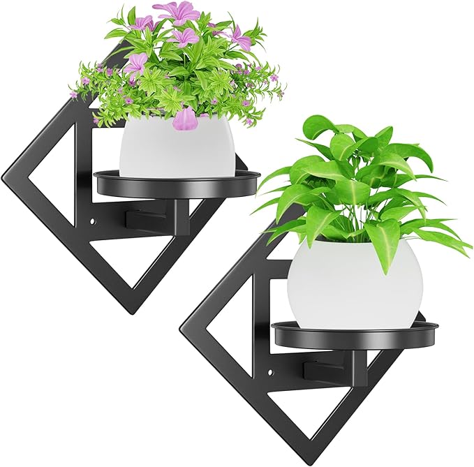 Plant Hangers Shelves Wall Mounted Indoor, Metal Window Plant Holders, 2Pcs Modern Floating Flower Display Stand for Outdoor Kitchen Bathroom Decor, Black