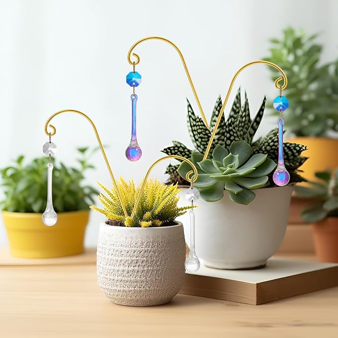 Potted Plant Trellis with Colorful Crystal Sun Catchers, 6.7 Inch Metal Plant Stakes, Fairy Stakes for Mini Potted Plant Decoration for Home Window Garden (4 Pack)