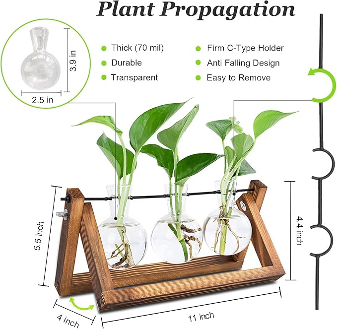 Renmxj Plant Propagation Stations with Wooden Stand & 3 Glass Bulb Vases - Plant Terrarium for Indoor Plants, Home Office Desk Decor, Gardening Gifts for Women Mom, Birthday Gifts for Plants Lovers