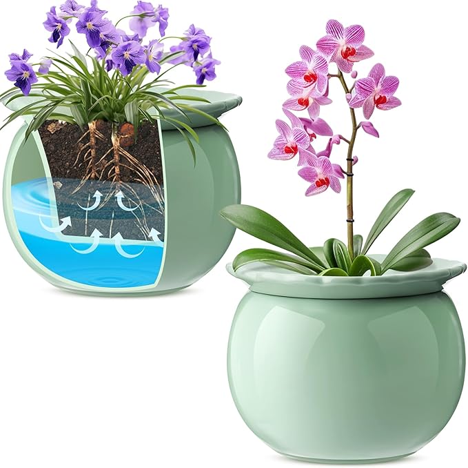 Suclain 2 Pcs African Violet Pots, 6.5 Inch Self Watering Pots for Indoor Flowers and Plants Ceramic Easy Self Watering Plant Pot with Highly Absorbent Inner Planter Pot for Tropical Plants(Green)