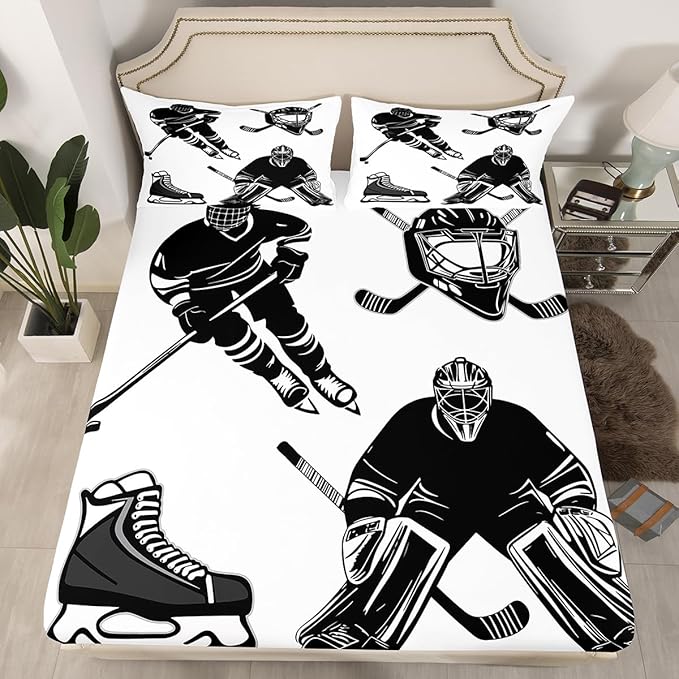 Feelyou Boys Ice Hockey Bedding Set for Kids Children Hockey Player Printed Bed Sheet Set Decorative Sports Event Bed Sheets Black White Winter Sports Sheets Set King Size 4 Pcs