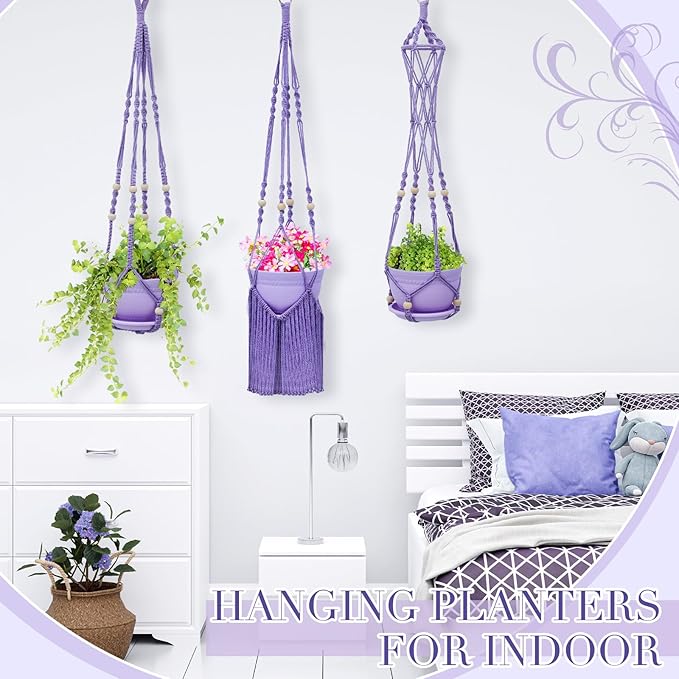 Hushee 3 Pack Crochet Macrame Plant Hanger Hanging Planters for Indoor Plants with Trays and Hooks Hanging Plant Holder Pot with Drainage Hole Boho Plant Hanger for Outdoor Flower Gardening Gift Decor