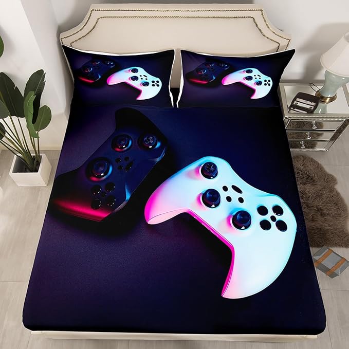 Feelyou Gamer Bedding Queen Size for Boys Kids Bed Cover Set Gaming Video Game Sheets Deep Pocket Breathable Men Teens Game Room Decor
