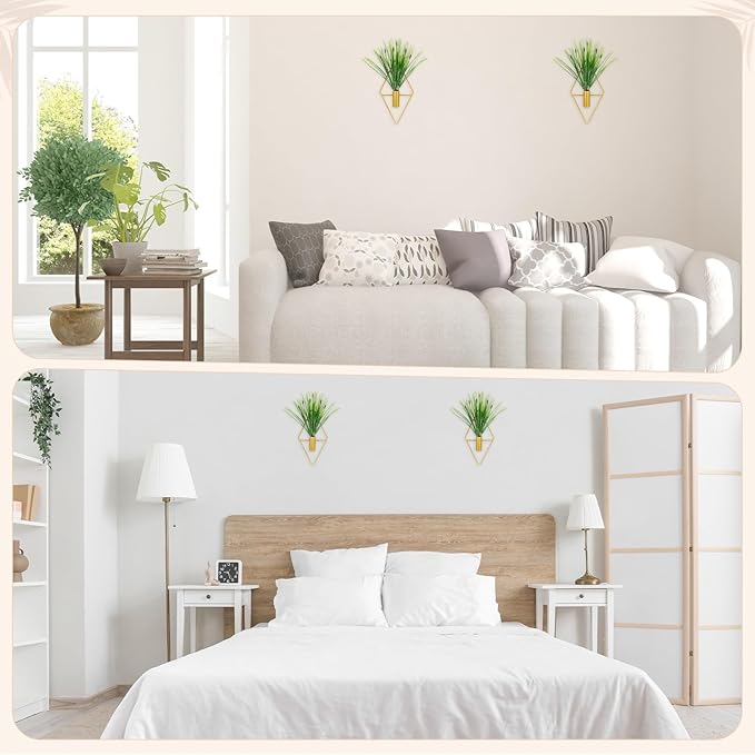 M METERXITY 2 Set Plant Wall Decor, Hanging Planters with Artificial Aquatic Plant Metal Hanging Vase Diamond Shape Wall Planter Holder Boho Room Decor for Garden/Backyard/Room [Golden]