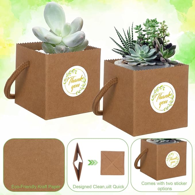 Beupy 100 Pcs Succulent Wrap Bags Bulk 2.5 Inch Mini Kraft Paper Succulent Wrap Bags with Handles & Thank You Stickers for Wedding Baby Shower Succulent Plants Party Favors for Guests