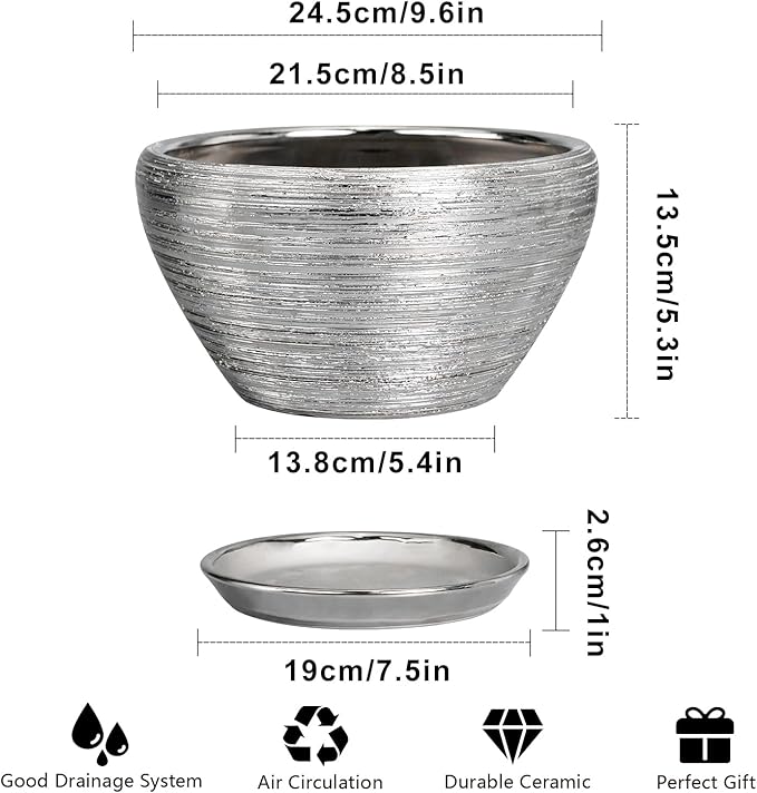 Ceramicfor Pot for Plants 9 Inch - Ceramic Plant Pot Indoor with Drainage Hole and Saucer Round Planter for Indoor Plants Modern Decorative Flower Pot for Home Decor Silver