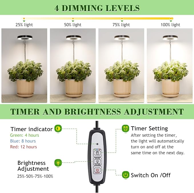 LORDEM Grow Light, 48 LEDs Plant Light for Indoor Plants, Full Spectrum Desk Grow Lamp with Automatic Timer for 4H/8H/12H, 4 Dimmable Levels, Height Adjustable 7.8"-26", Black, 2 Pack