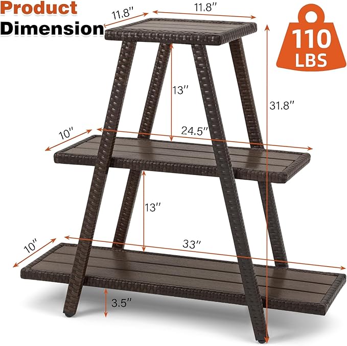 Outdoor Plant Stand for Patio 3 Tier Plant Stand Shelf with Wicker Poly Lumber Flower Stand Holder Tiered Multi Ladders Plant Holder Display Rack with Adjustable Feet for Outside Balcony Porch Brown