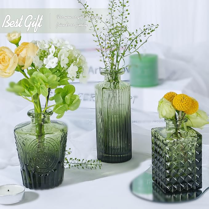 TBWIND Glass Bud Vase Set of 24, Small Green Flower Vases for Centerpieces in Bulk, Mini Vintage Vase for Wedding Decor, and Home Table Décor