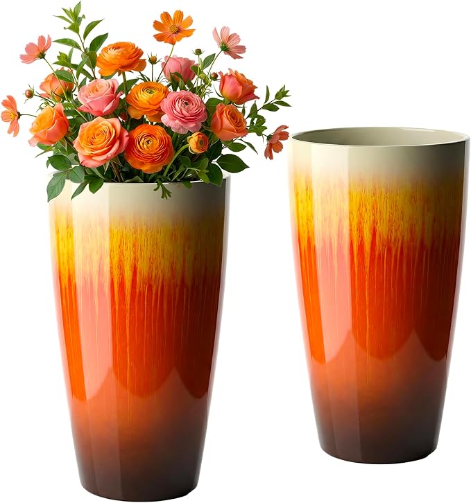 21 inch Tall Planter, Set of 2 Tall Planters for Outdoor & Indoor Plants, Large Outdoor Planters for Front Porch, Patio, Garden (Orange Flowing Glaze)