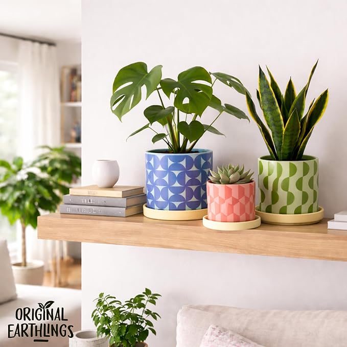 Original Earthlings Ceramic Plant Pots for Indoor Plants, Set of 3 Geometric Planters with Drainage Hole & Saucer, Colorful Decorative Flower Pots for Succulents, Home Decor, Modern Boho Style