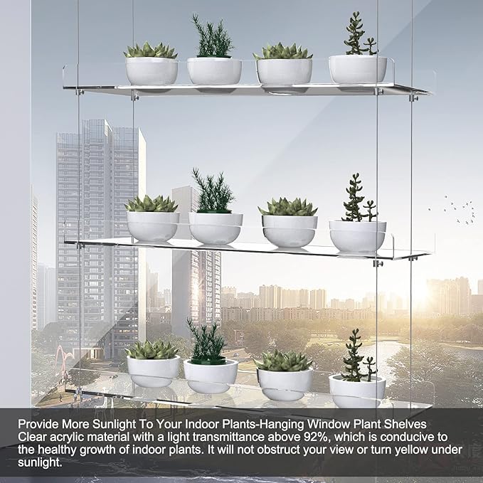 3-Tier Hanging Acrylic Plant Shelves for Windows, Each Tier 16 Inch Long, Height Adjustable Plant Stand, Clear Hanging Plant Stand for Indoor Windows, Grow Herbs,Flower