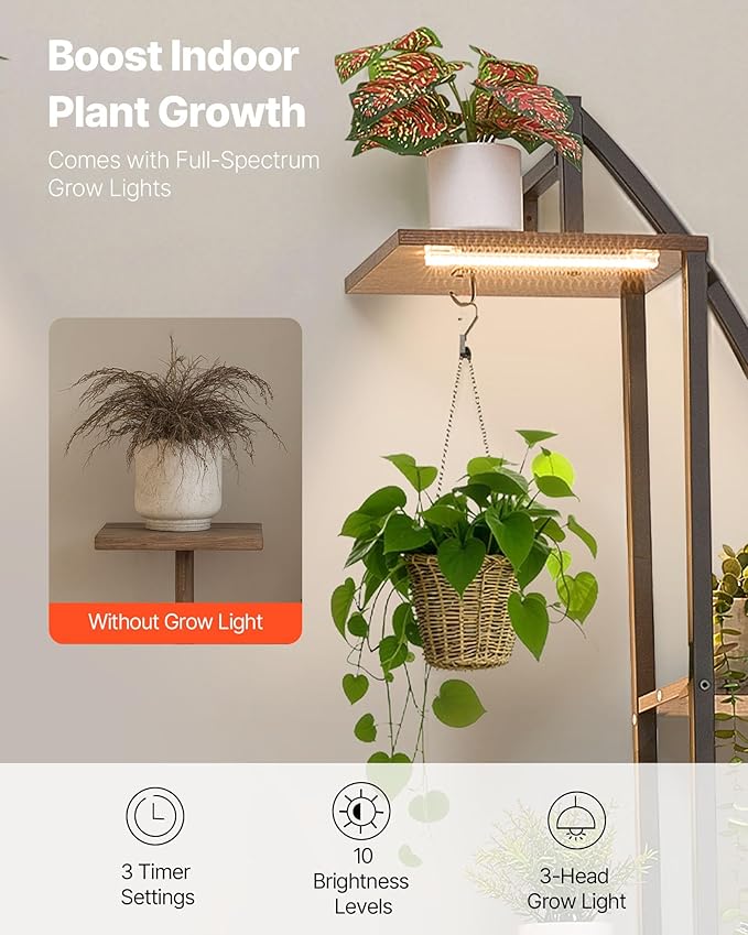 VEVOR Plant Stand Indoor with Grow Lights, 63 in Tall 6-Tiered Lighted Plant Shelf, 2 Pack Metal Corner Plants Holder, 3 Timer & 10 Brightness, Half-Moon Shaped Flower Display Rack for Living Room