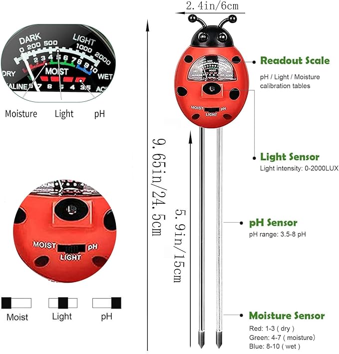 Ladybug Shape 3-in-1 Soil Moisture/pH/Light Meter, Soil Moisture Meter, Soil Test kit, Soil Tester with Moisture,Light,and pH Test for Indoor & Outdoor Use for House Plants, Garden, Lawn, Farm