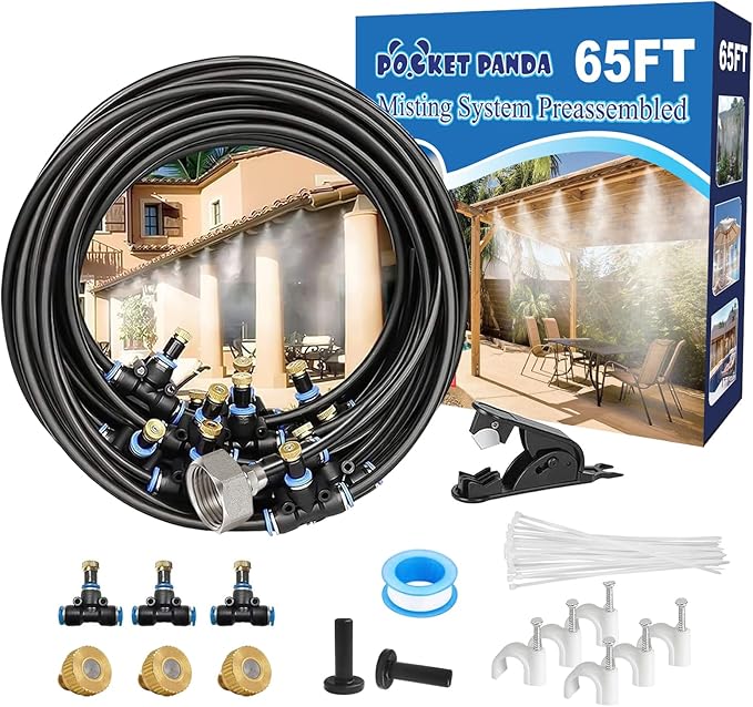 Pre-Assembled Mister Hose for Outside Patio, Misting System for Outdoor, 65Ft|20M. Backyard Cooling Mist for Garden, Greenhouse, Deck, Umbrella, Canopy, Pool, Porch.Trampoline Sprinkler Park, Chicken
