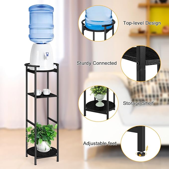 OYEAL Drink Dispenser Stand 3-Tier Water Bottle Jug Holder with 2 Storage Shelves, Multi-Tier Plant Shelf for Ceramic Water Dispenser, Water Filter Bottle, Water Crock Dispenser, Plants, Black