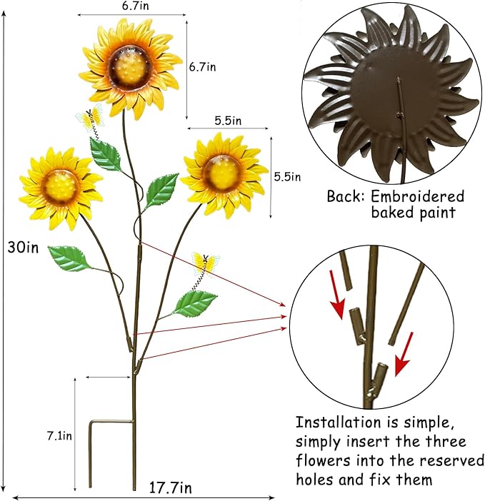 30" Metal Flowers for Outside Garden Stakes Decorative - 3-Head Sunflower Metal Yard Art Outdoor and Garden Decor, Spring Lawn Ornaments for Porch Backyard Patio, Rustproof Garden Gifts