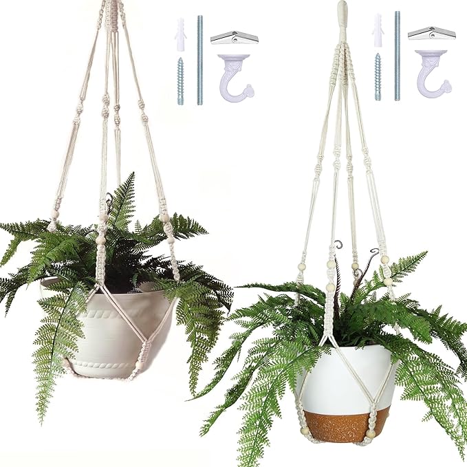 Bouqlife 43 Inches Macrame Plant Hanger Large for 14 inch Pot Extra Long No Tassel Cotton Rope Hanging Plant Holder with Ceiling Hook Bohemian Home Décor Beige 2Pack