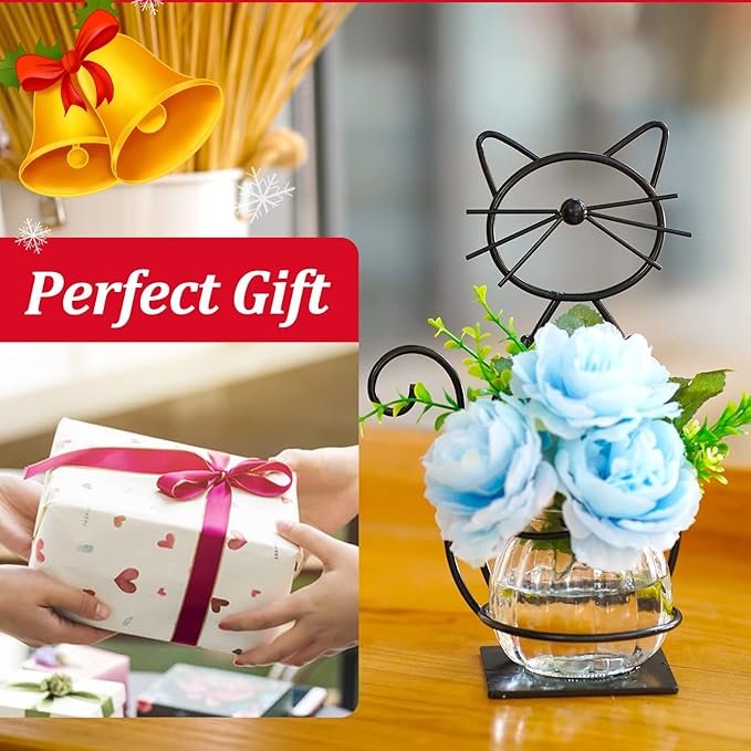 Desktop Glass Planter Vase Holder, Metal Cat Plant Terrarium Stand for Plants Creative Decorations for Home Patio Lawn Garden