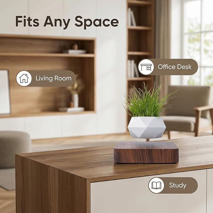 Levitating Plant Pot, Magnetic Floating Planter Levitating Plant 360° Auto Rotating Display for Bonsai, Air Plants Mini Flowers Cool Floating Desk Decor for Office, Living Room (Dark Brown)